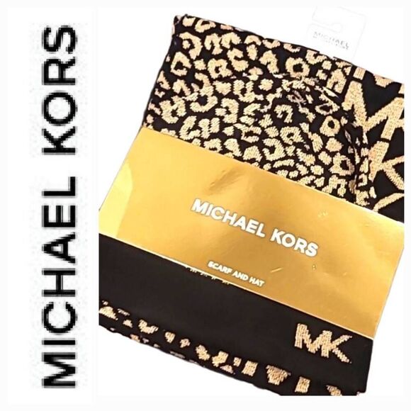 Michael Kors Metallic Leopord Logo Scarf & Beanie Hat Set - Picture 1 of 6